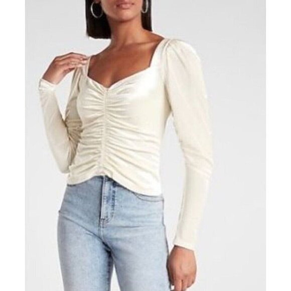 Express size XL Cream  Velvet Top Long Puff Shoulder Sleeve Ruched Front New - Picture 1 of 12